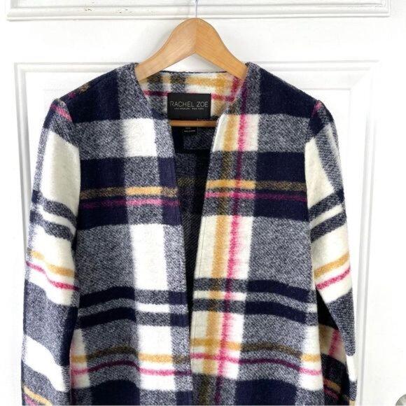 Rachel Zoe Wool Plaid Open Front with Pockets Navy White Pink Jacket Size XS - Picture 3 of 6